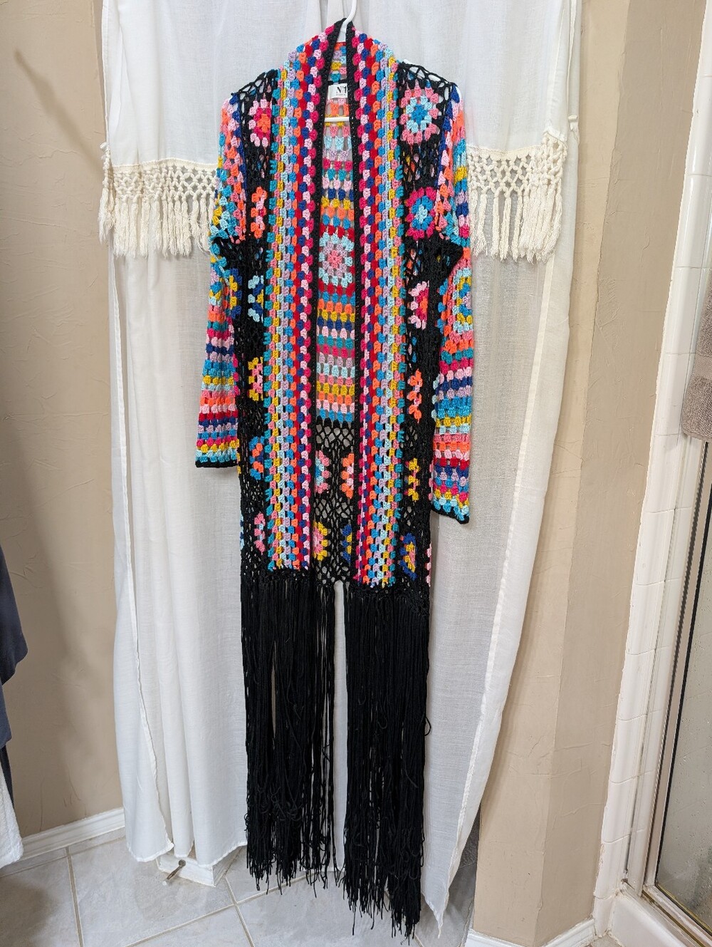 No 1 Los Angeles Black Granny Square Fringe Crochet Cardigan, Size Large
